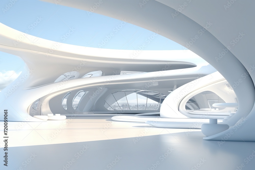 Fototapeta premium White futuristic architecture. Brightly lit large airy hall, gallery, corridor, fantastic airport terminal. Round minimalistic freeform, organic design. Smooth curves of lines, conceptual building.