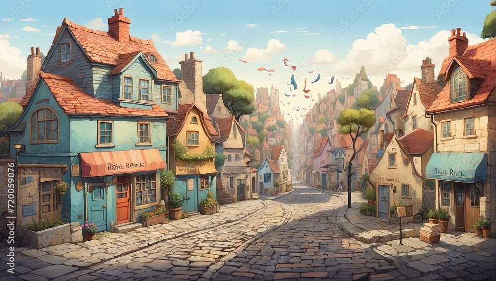 A whimsical illustration of a quaint village, where the houses are shaped like books and the streets are paved with words Generative AI