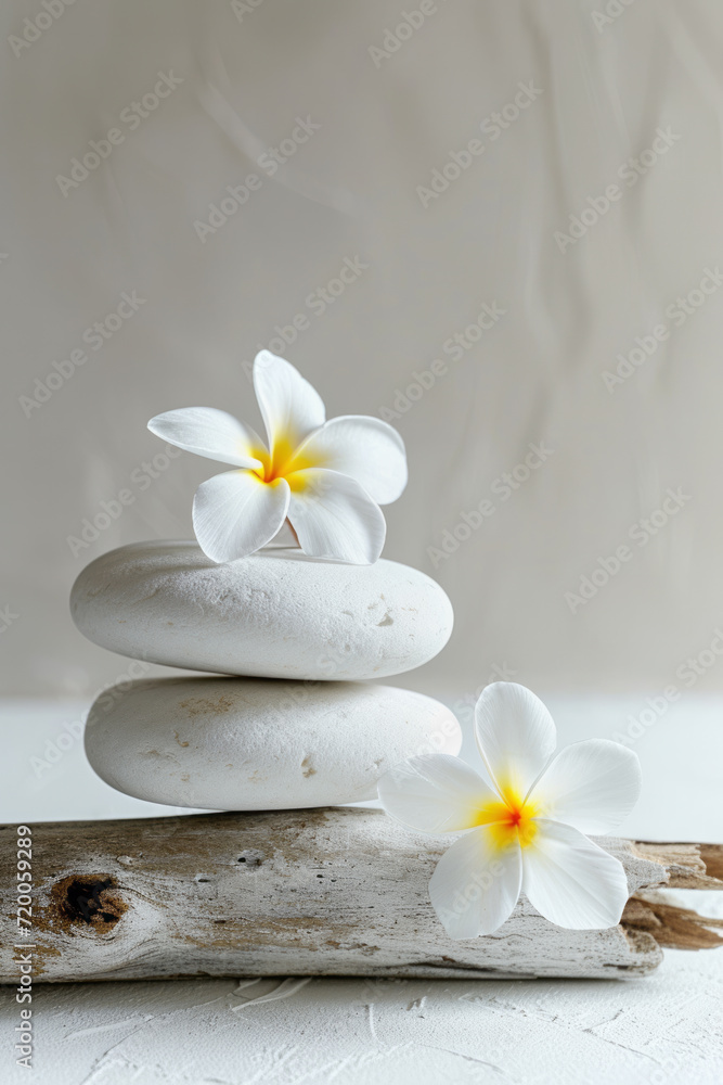 Modern composition of balanced stones and flowers for spa salon or meditation background. Modern composition of balanced stones and flowers for spa salon or meditation background.