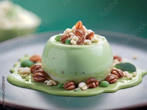 Panna cotta with pistachio and nuts on green background.