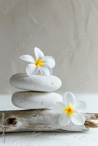 Modern composition of balanced stones and flowers for spa salon or meditation background.