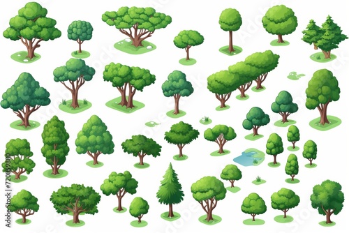 Isometric Vector Art Sprite Sheet, Depicting a Vibrant Park Area with Fountains and Recreational Spaces, on an Isolated White Background, Generative AI