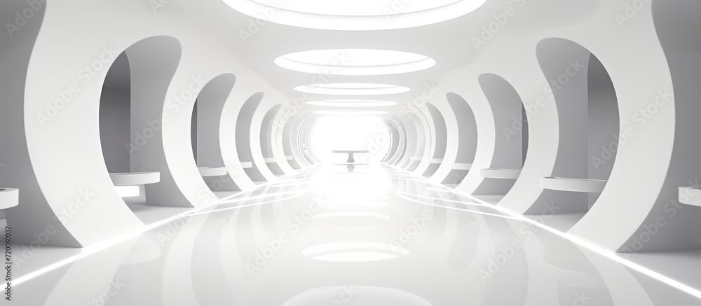 Obraz premium White futuristic architecture. Brightly lit large airy hall, gallery, corridor, fantastic airport terminal. Round minimalistic freeform, organic design. Smooth curves of lines, conceptual building.