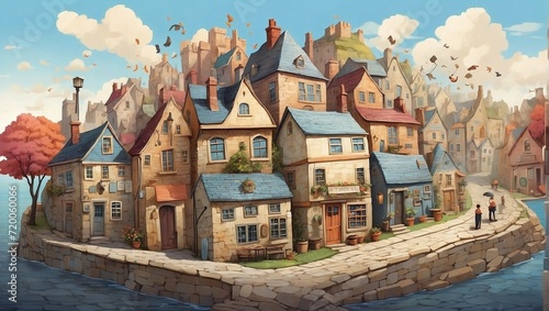 A whimsical illustration of a quaint village, where the houses are shaped like books and the streets are paved with words Generative AI