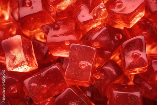 Background with red jelly candies lying on it, soft transparent marmalade cubes. photo