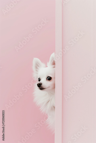 Curious cute white dog peeking out from behind a pale pink wall. Isolated on a plain background with copy space. © PEPPERPOT