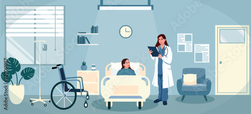 Person with disabilities on therapy in clinic. Doctor visiting patient in ward. Nurse provide hospital care. Woman lying in bed indoor clinic room. Wheelchair near bed. Flat Vector illustration photo