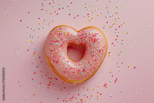 A sticky iced doughnut in the shape of a love heart for Valentine's day