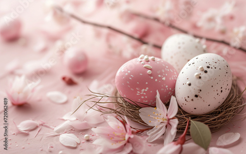Easter eggs and sakura flower on pastel pink background