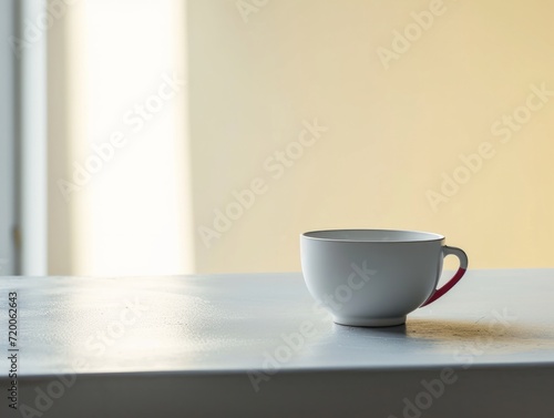 Minimalist Composition with a White Cup on a Table Bathed in Soft Light and Shadow