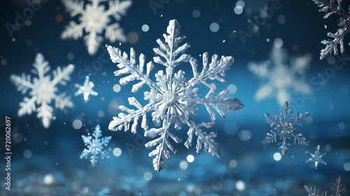 Beautiful winter Christmas glowing background with falling snowflakes, winter background © jiejie