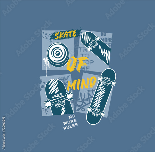 Skate Of Mind vector illustrations with cool slogans for t-shirt print and other uses. Skate all day text.