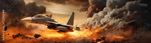 A fighter jet aircraft engaged in warfare, with explosions erupting in the background. photo