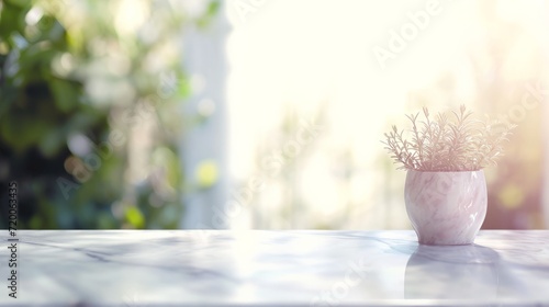 Marble Table with Potted Plant in Sunlit Environment.