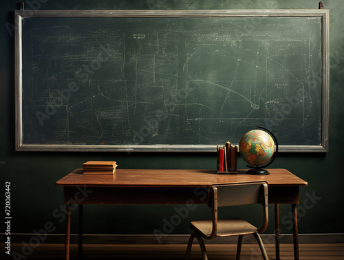 School blackboard with a globe and books on a desk in a classroom.  photo