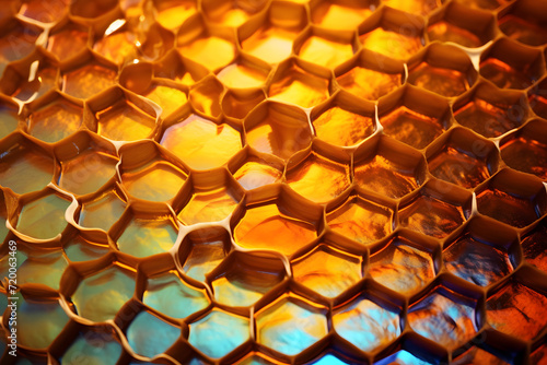 Close up image of honeycomb, in the style of naturecore, synthetism, soft-focus technique created