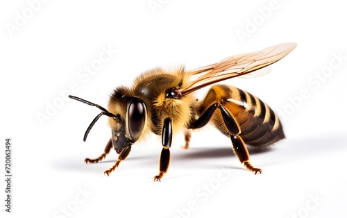 Tiny aviator. Exploring world of bees. Insect elegance. Macro view of honeybee. Nature pollinator. Bee on white background isolated