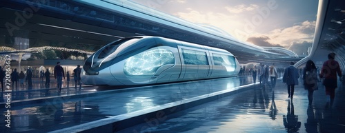 A futuristic train gracefully departs from an ultra-modern station, embodying the sleekness of modern transportation.