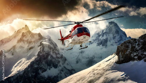 Front view of a red and white mountain rescue helicopter flying among snow capped peaks with dramatic sky on background. Generative Ai. photo