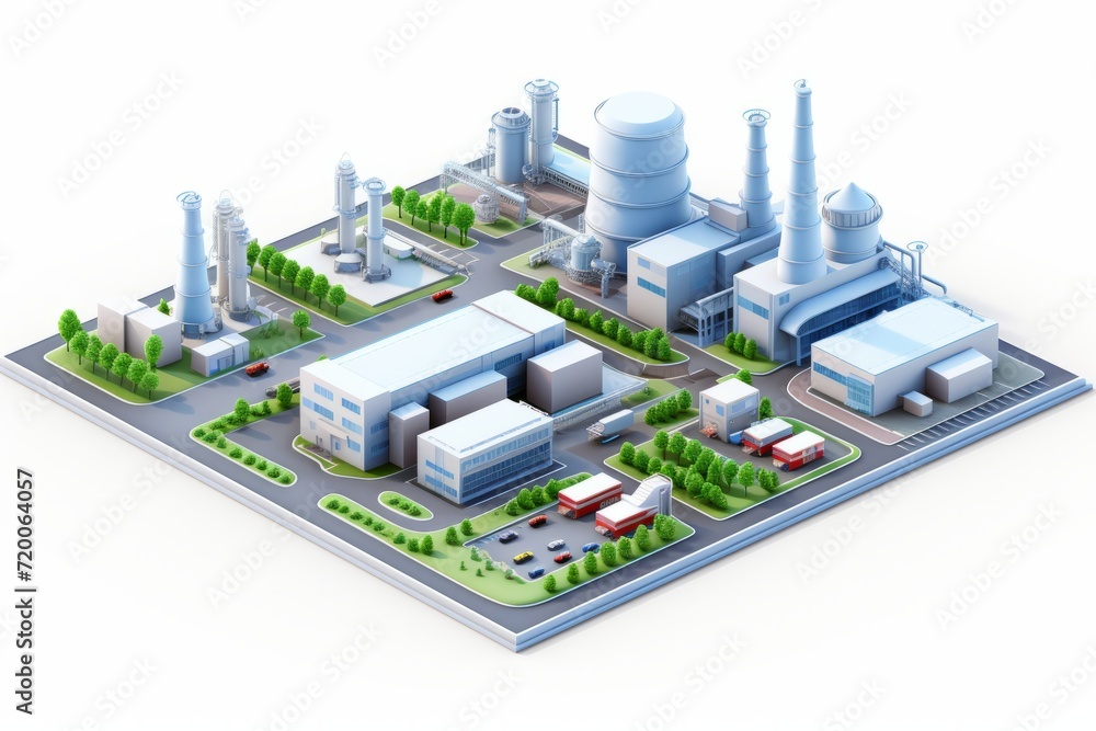 Isometric View Industrial Complex with Small Factories and Facilities, Set on a White Surface, Generative AI