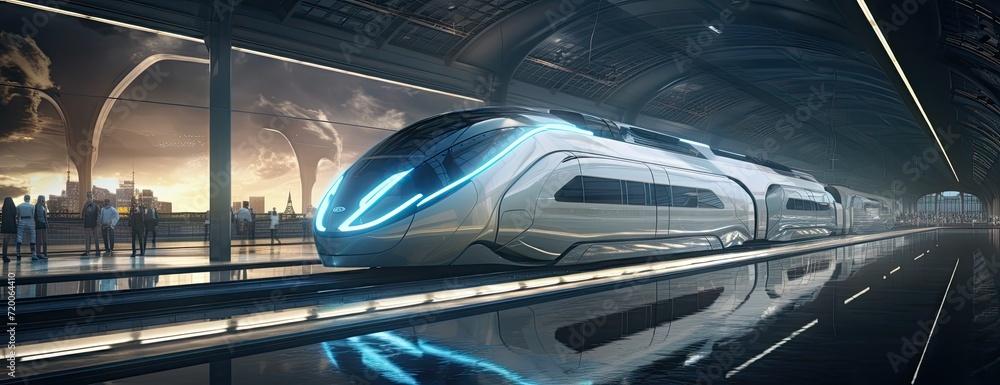 A futuristic train gracefully departs from an ultra-modern station, embodying the sleekness of modern transportation.