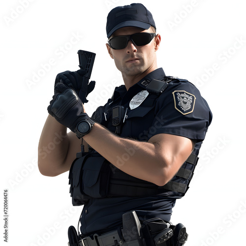 Police officer with a taser isolated on white background, cinematic, png
 photo