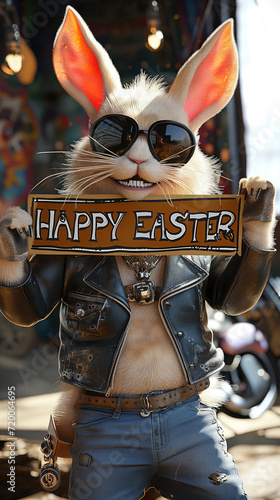 Wild outlaw rabbit with sunglassesholding up a sign with the phrase Happy Easter photo