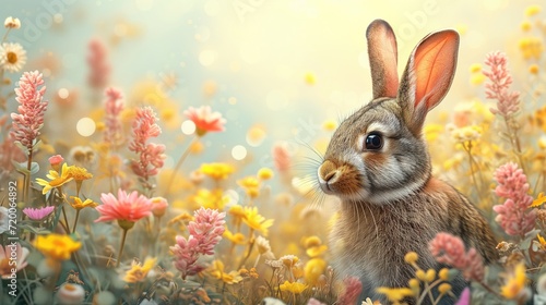 Easter bunny sitting between flowers - springtime
