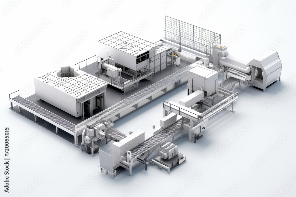 Isometric View Production Facility with Conveyor Belts and Machinery, Against a White Canvas, Generative AI Isometric View Production Facility with Conveyor Belts and Machinery, Against a White Canvas, Generative AI