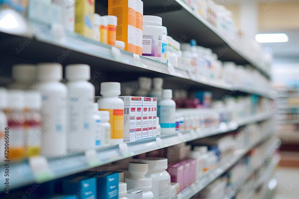 Blurred background of a pharmacy store. Pharmacist and medicine concept - obrazy, fototapety, plakaty 