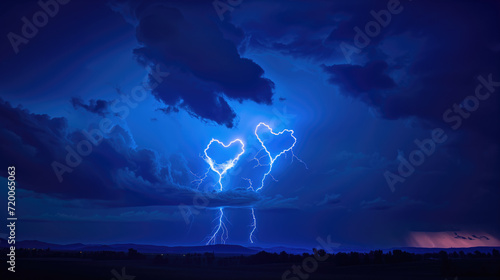 lightning is forming two hearts in a darkblue sky at night
