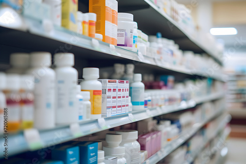 Blurred background of a pharmacy store. Pharmacist and medicine concept photo