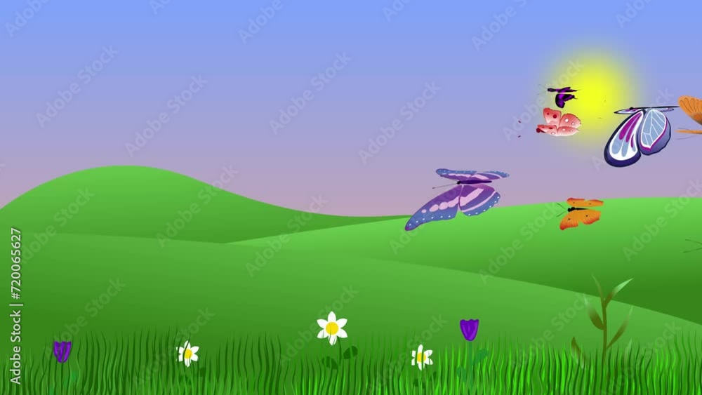 Spring environment animation with butterflies and fields, flat graphic cartoon background Spring environment animation with butterflies and fields, flat graphic cartoon background