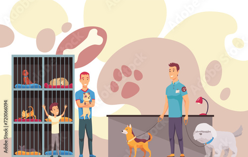 Animal shelter homeless pets, adoption banner layout. Finding new house for pet and homeless domestic animals care. Colorful vector illustration in flat cartoon style