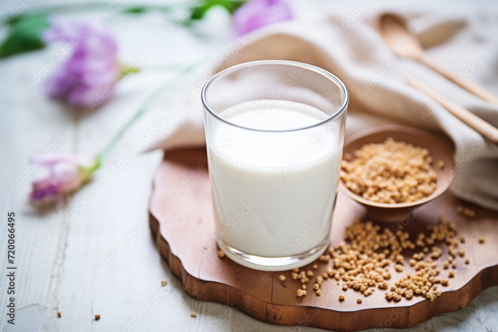 glass of quinoa milk with raw quinoa grains scattered