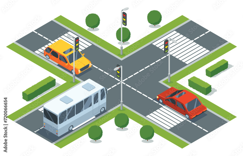 City crossroad isometric view with road markings, traffic lights pedestrian zebra crossing and cars. Urban traffic map with transport, vector graphic design elements City crossroad isometric view with road markings, traffic lights pedestrian zebra crossing and cars. Urban traffic map with transport, vector graphic design elements