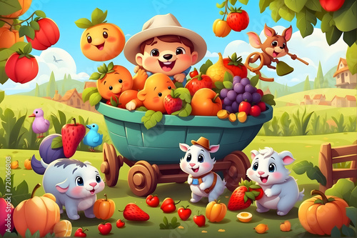  Cute animals  Cute chibi vegetables and a child playing very happy mood kids story book cartoon style art.