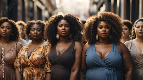 Portrait beautiful women, plus-size fashion models. Ethnic versatility of models, diversity of body shapes. Beautiful girls posing against prejudices of society. Color, richness of cultural heritage photo