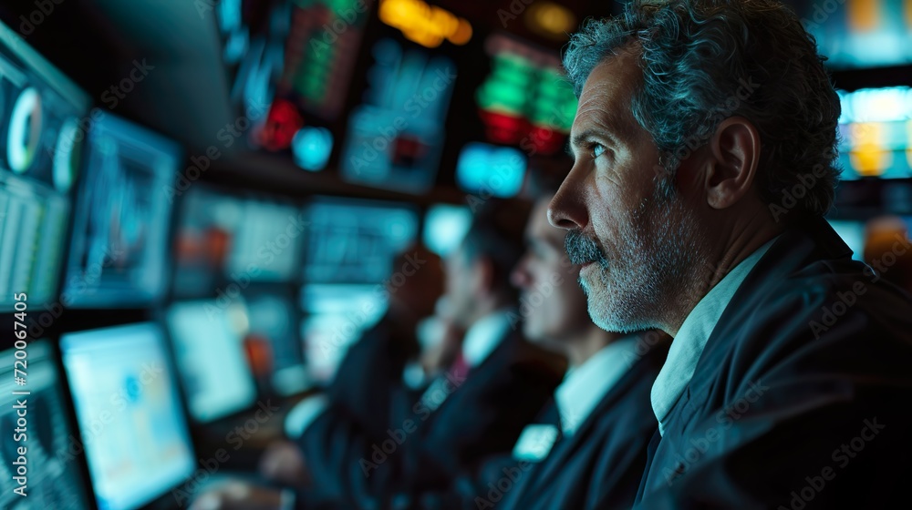 Focused Man in Control Room with Multiple Monitors Focused Man in Control Room with Multiple Monitors