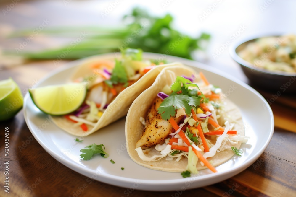 fish tacos with cabbage slaw and lime wedges fish tacos with cabbage slaw and lime wedges