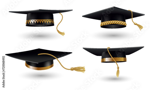 Graduation cap set. Black educational student hat with golden tassel. Element for degree ceremony and educational programs design. College, high school or university cap isolated on white background
