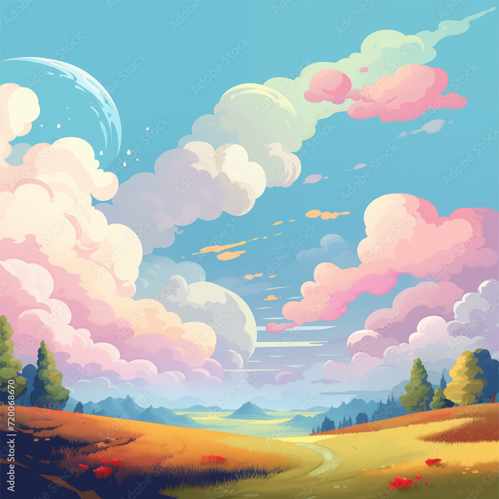 Fototapeta premium multicolor sky with fluffy cloud landscape background cartoon