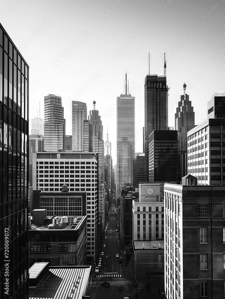 Monochrome Metropolis: City in Haze. Black and white aerial view of a hazy city skyline.