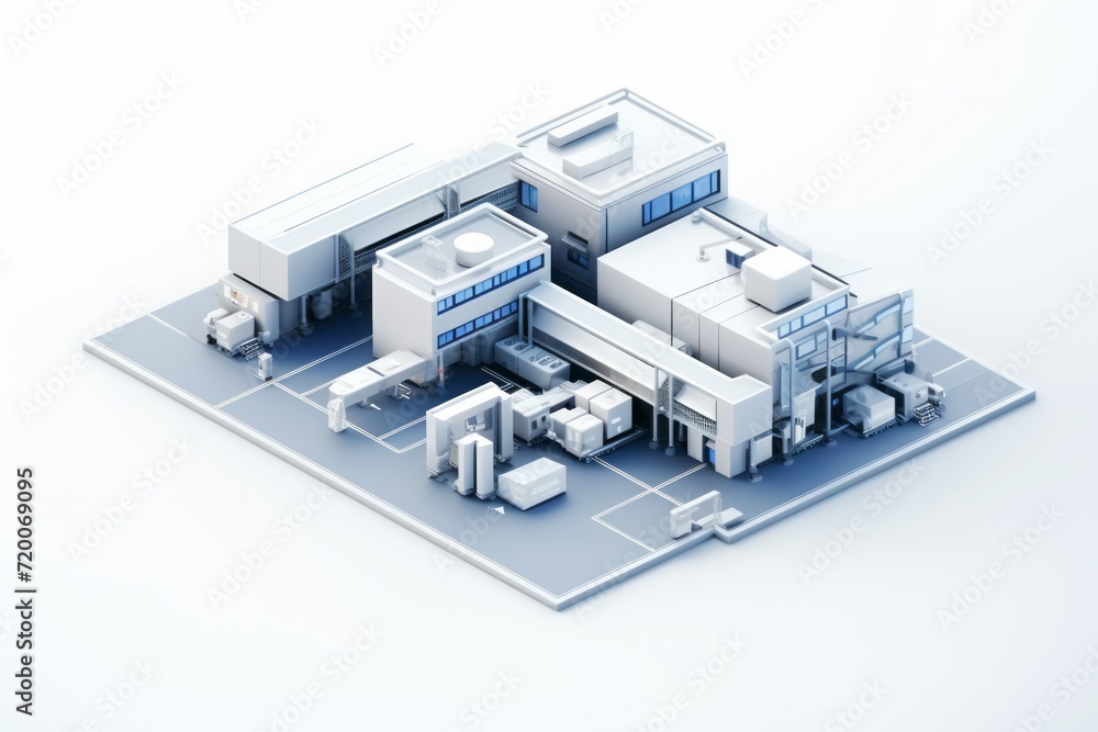 Isometric View Small Industrial Units, Illustrating Diverse Manufacturing Processes, on an Isolated White Background, Generative AI