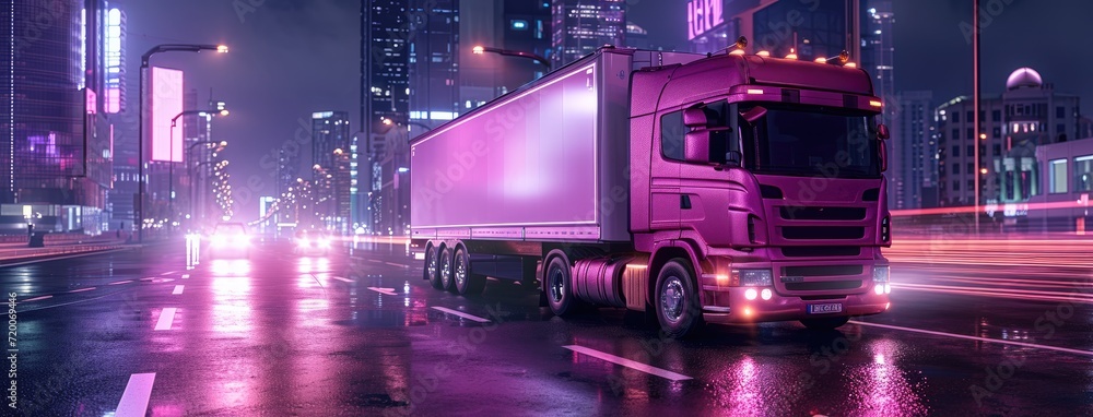 A truck navigates the road under the cover of night, its headlights piercing the darkness.