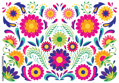 Mexican flower traditional pattern background. Ethnic embroidery decoration ornament. Flower symmetry texture. Ornate folk graphic, wallpaper. Festive mexican floral motif. Vector illustration