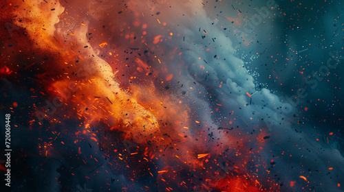 Abstract Fiery Explosion with Cool Blue Contrast. An abstract image capturing an intense explosion of fiery particles and embers contrasted with a cool blue atmospheric background. photo