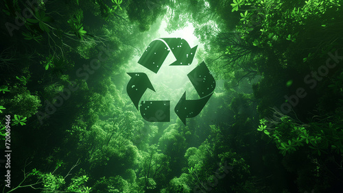 Eco Radiance: Green Glowing Recycle Symbol Amidst Forest