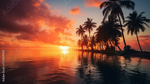 Amazing sunset on a tropical beach with palm trees. © Nikolay