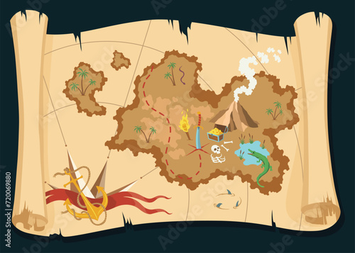 Old treasure or pirate map. Vintage grunge adventure, treasure research game. Worn parchment with land and wind rose. Hand drawn vector illustration